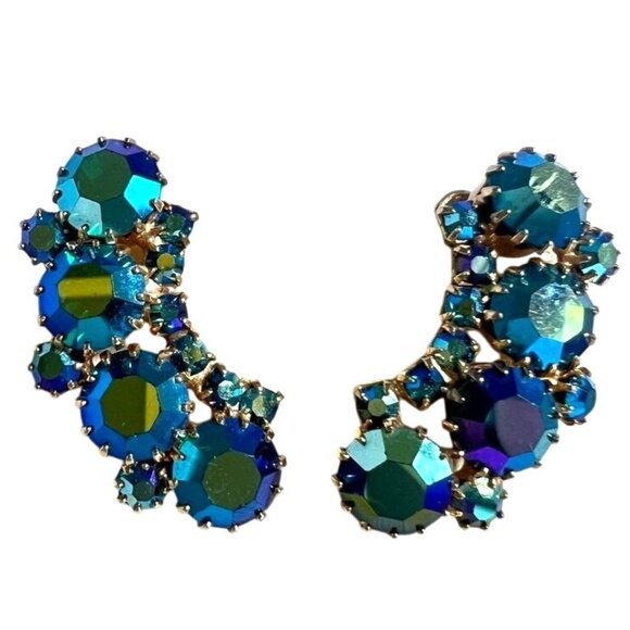 Vtg Weiss Blue Aurora Borealis Crystal Clip-On Earrings 1.25"  Signed  50s Glam - Picture 1 of 10